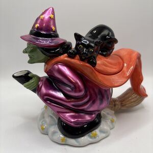Christopher Radko Shiny Brite Halloween Midnight Flight Witch Cat Teapot